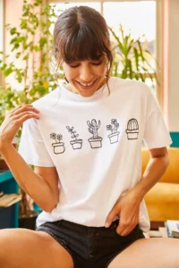 Olalook Women White Cactus Printed T-shirt - Image 3