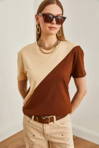Olalook Women's Stone Brown Asymmetric Block T-Shirt - Image 2