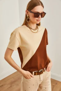 Olalook Women's Stone Brown Asymmetric Block T-Shirt - Image 3