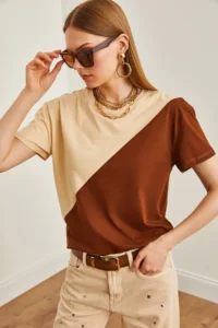 Olalook Women's Stone Brown Asymmetric Block T-Shirt - Image 4