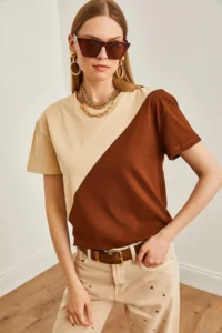 Olalook Women's Stone Brown Asymmetric Block T-Shirt - Image 5