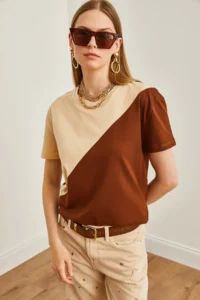 Olalook Women's Stone Brown Asymmetric Block T-Shirt - Image 6