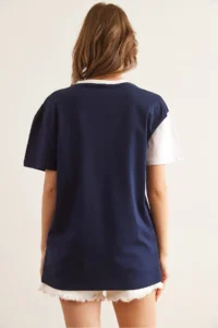 Olalook Women's White Navy Blue Asymmetric Block T-Shirt - Image 2