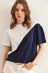 Olalook Women's White Navy Blue Asymmetric Block T-Shirt - Image 3