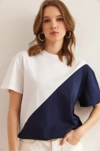 Olalook Women's White Navy Blue Asymmetric Block T-Shirt - Image 4