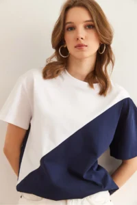 Olalook Women's White Navy Blue Asymmetric Block T-Shirt - Image 5