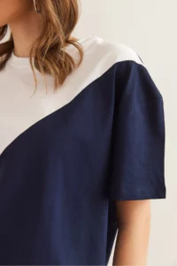 Olalook Women's White Navy Blue Asymmetric Block T-Shirt - Image 6