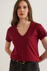 Olalook Women Burgundy V-neck Flared T-Shirt - Image 3
