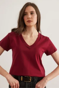 Olalook Women Burgundy V-neck Flared T-Shirt - Image 4