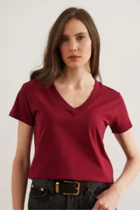 Olalook Women Burgundy V-neck Flared T-Shirt - Image 5