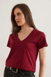 Olalook Women Burgundy V-neck Flared T-Shirt - Image 6