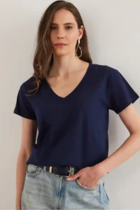 Olalook Women Navy Blue V-neck Flared T-Shirt