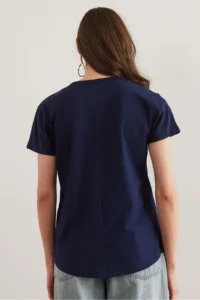 Olalook Women Navy Blue V-neck Flared T-Shirt - Image 2