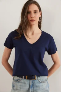 Olalook Women Navy Blue V-neck Flared T-Shirt - Image 3