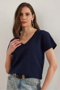 Olalook Women Navy Blue V-neck Flared T-Shirt - Image 4
