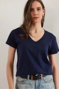 Olalook Women Navy Blue V-neck Flared T-Shirt - Image 5