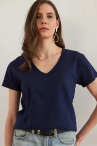 Olalook Women Navy Blue V-neck Flared T-Shirt - Image 6