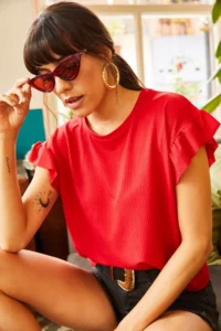 Olalook Women's Red Sleeve Frilly Camisole T-Shirt - Image 2