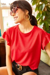 Olalook Women's Red Sleeve Frilly Camisole T-Shirt - Image 3