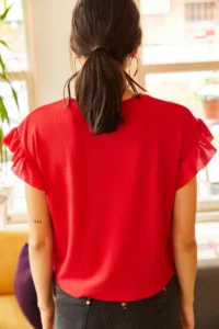 Olalook Women's Red Sleeve Frilly Camisole T-Shirt - Image 4
