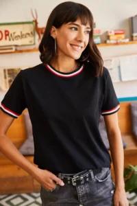 Olalook Women's Black Sleeve and Collar Detailed T-Shirt