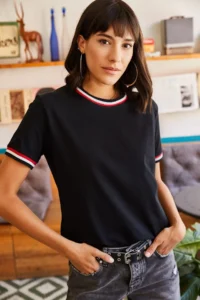 Olalook Women's Black Sleeve and Collar Detailed T-Shirt - Image 2