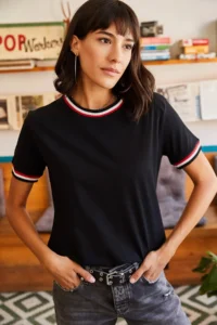 Olalook Women's Black Sleeve and Collar Detailed T-Shirt - Image 3