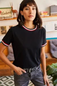 Olalook Women's Black Sleeve and Collar Detailed T-Shirt - Image 4