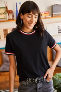 Olalook Women's Black Sleeve and Collar Detailed T-Shirt - Image 5
