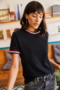 Olalook Women's Black Sleeve and Collar Detailed T-Shirt - Image 6