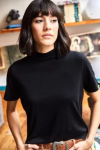 Olalook Women's Black Half Turtleneck Soft Textured Knitted T-Shirt - Image 2