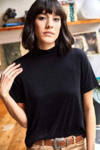 Olalook Women's Black Half Turtleneck Soft Textured Knitted T-Shirt - Image 4