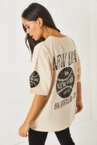 Olalook Newyork Beige Front Back Printed 2 thread Unisex Oversize T-Shirt - Image 4