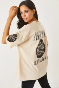 Olalook Newyork Beige Front Back Printed 2 thread Unisex Oversize T-Shirt - Image 5