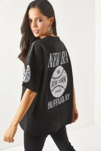 Olalook Women's New York Black Front Back Printed 2 thread Unisex Oversize T-Shirt