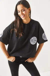Olalook Women's New York Black Front Back Printed 2 thread Unisex Oversize T-Shirt - Image 2