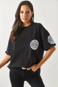 Olalook Women's New York Black Front Back Printed 2 thread Unisex Oversize T-Shirt - Image 3