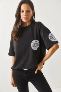 Olalook Women's New York Black Front Back Printed 2 thread Unisex Oversize T-Shirt - Image 5