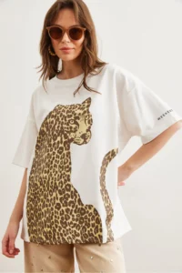Olalook Women's Ecru Leopard Front Back Printed 2 thread Unisex Oversize T-Shirt