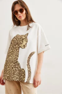 Olalook Women's Ecru Leopard Front Back Printed 2 thread Unisex Oversize T-Shirt - Image 2