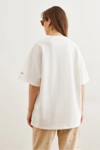 Olalook Women's Ecru Leopard Front Back Printed 2 thread Unisex Oversize T-Shirt - Image 6