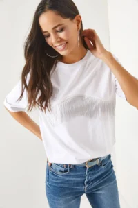 Olalook Women's White Chain Garnished Oversize T-Shirt