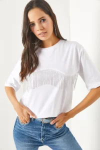 Olalook Women's White Chain Garnished Oversize T-Shirt - Image 2