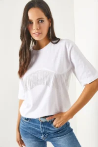 Olalook Women's White Chain Garnished Oversize T-Shirt - Image 3