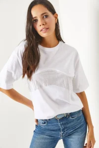 Olalook Women's White Chain Garnished Oversize T-Shirt - Image 4