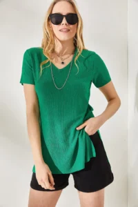 Olalook Women's Grass Green V-Neck Textured T-Shirt with Side Slits - Image 2