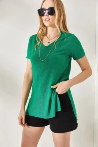 Olalook Women's Grass Green V-Neck Textured T-Shirt with Side Slits - Image 3