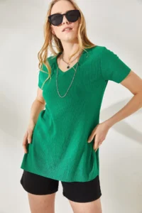 Olalook Women's Grass Green V-Neck Textured T-Shirt with Side Slits - Image 4