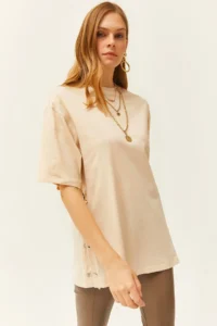 Olalook Women's Beige Buttoned Cotton T-Shirt