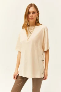 Olalook Women's Beige Buttoned Cotton T-Shirt - Image 2
